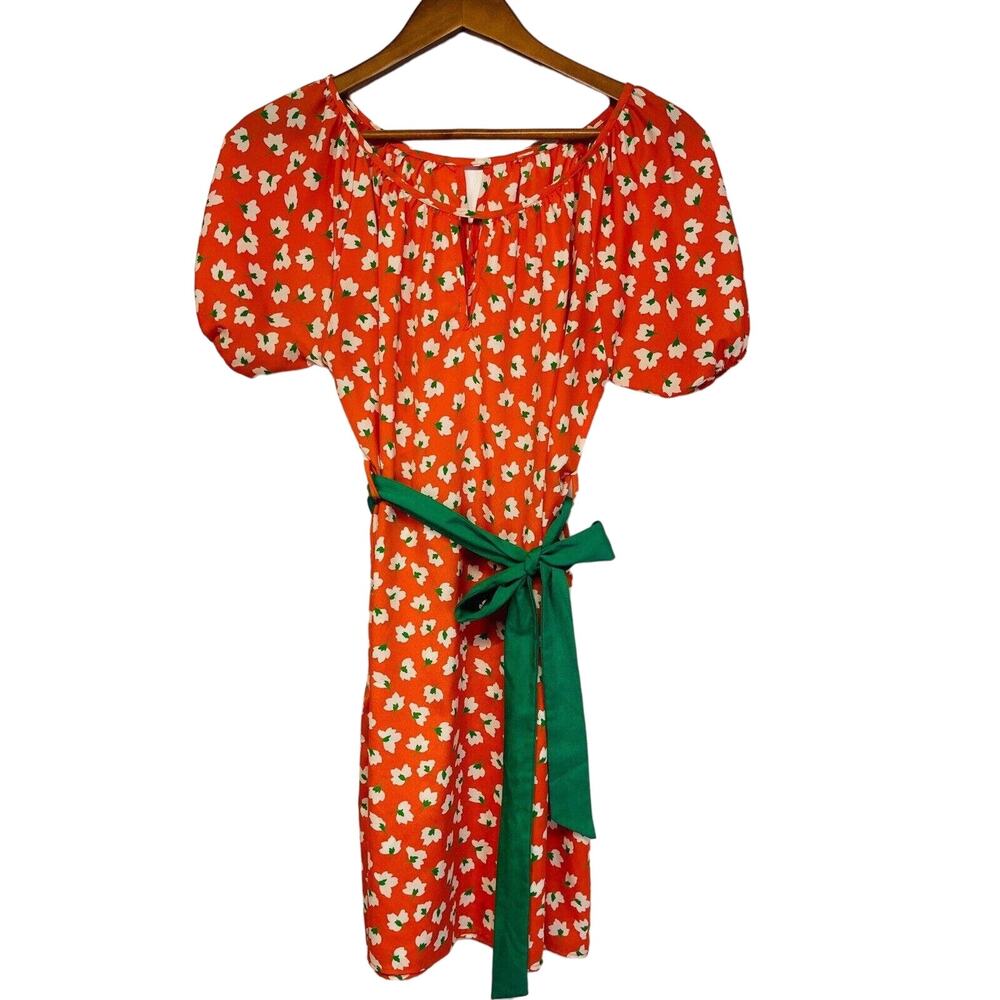 Orange and Green Floral Dress with Tie Waist Keyhole Elastic Puff Sleeve size M